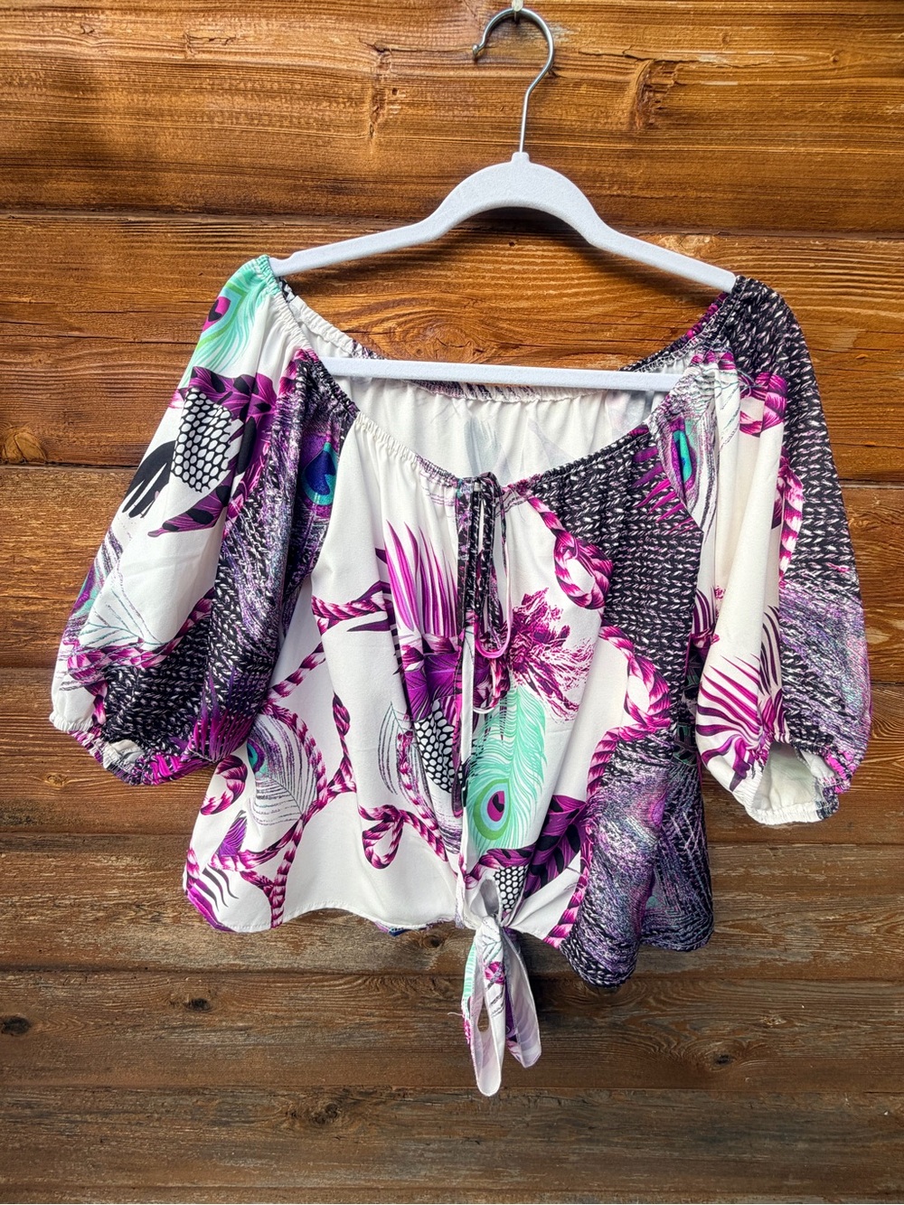 SHEIN White Off-Shoulder Tie-Front Blouse with Purple and Teal Peacock Print
